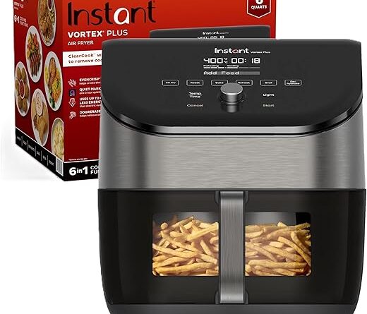Instant Vortex Plus 6QT Air Fryer with Odor Erase Technology, 6-in-1 Functions that Crisps, Roasts, Broils, Dehydrates, Bakes & Reheats, 100+In-App Recipes, from the Makers of Instant Pot,1700W,Black